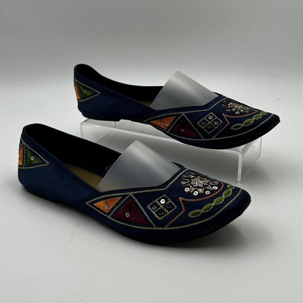 Predictions Ballet Flats Women 7 Navy Blue Embroidered Sequin Boho Artisan Folk